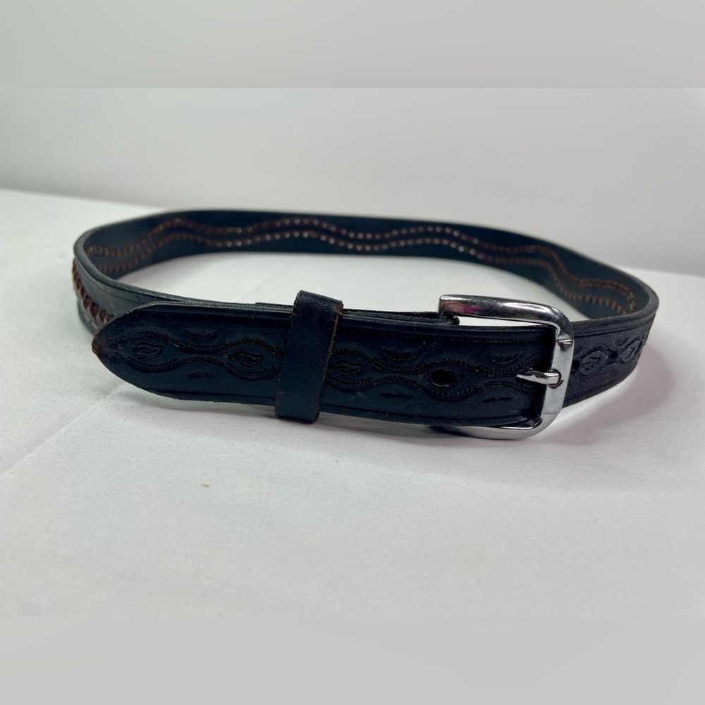 Black and Brown Braided Leather Belt Silver Buckle